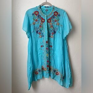 Johnny Was Turquoise Floral Embroidered Boho Tunic, Size Large